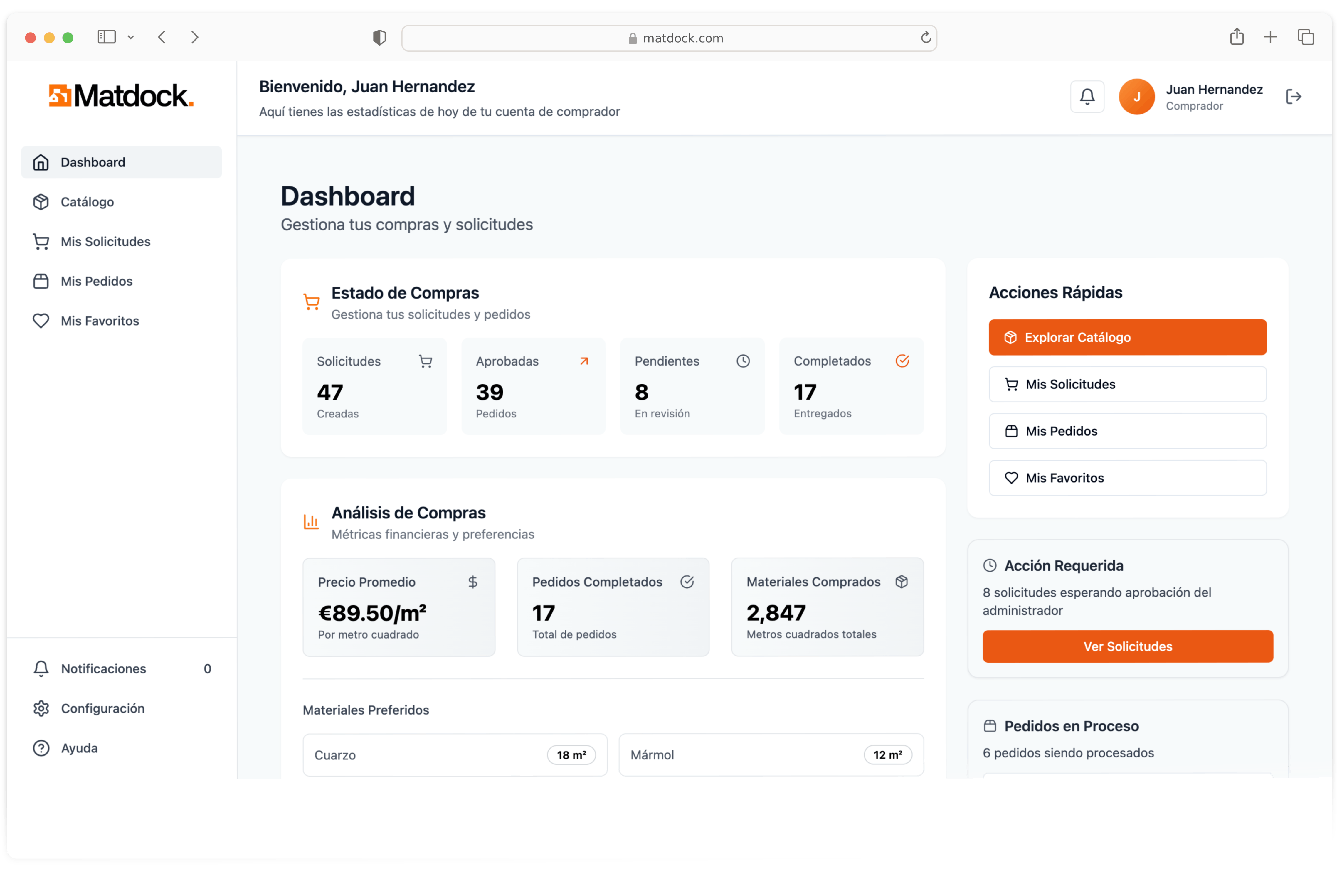 Dashboard de MatDock - Vista previa de la plataforma